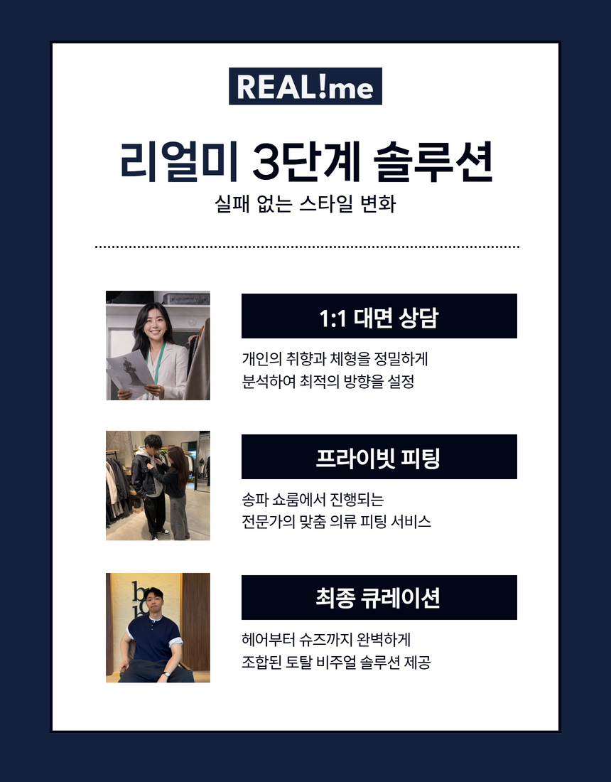 리얼미 3단계 솔루션 — 1:1 대면 상담, 프라이빗 피팅, 최종 큐레이션